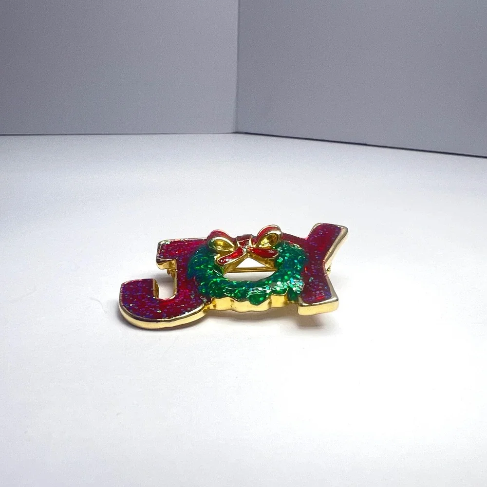 Vintage AAI Christmas Brooch JOY Enamel Glitter Red‎ Green Gold Tone Signed Pin